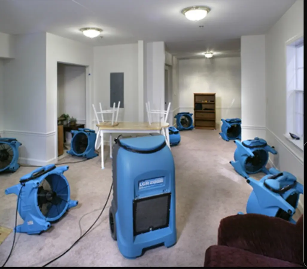 Air movers and dehumidifier setup for Water Damage Restoration in Santa Ana